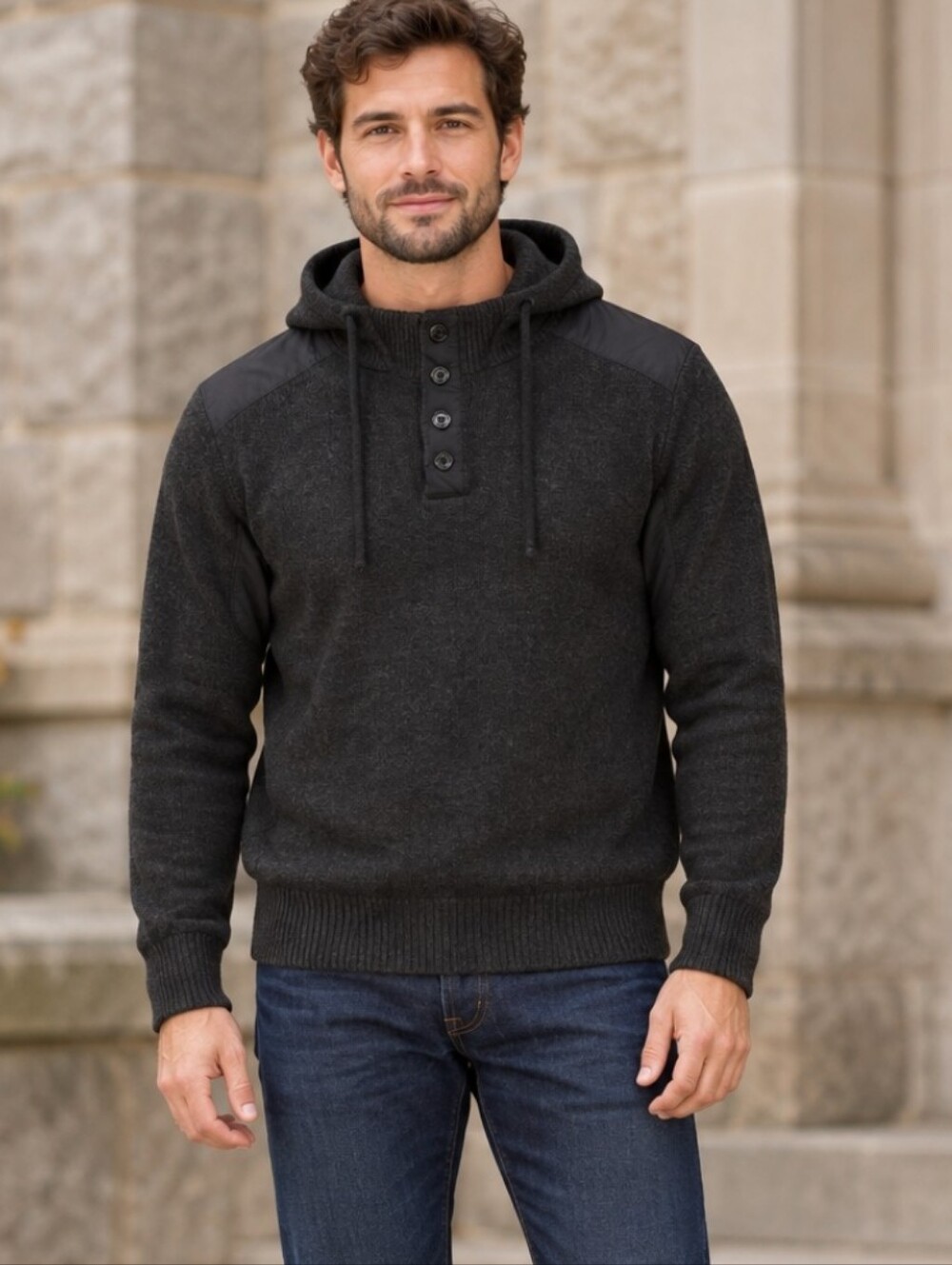 Barbour International Wool Hooded Sweater Charcoal Henley Pullover Mens Large